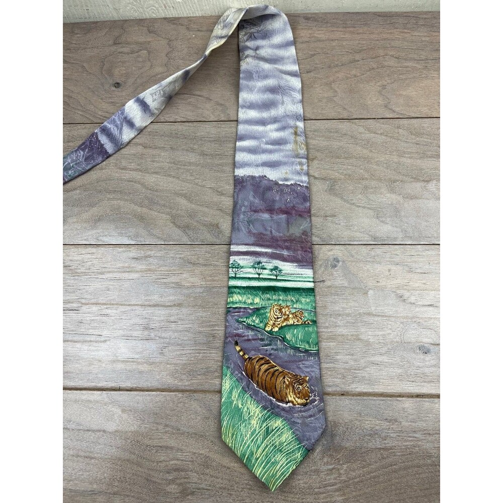 Wembley Men's Tie Green Purple Tiger Pattern Silk Endangered Species